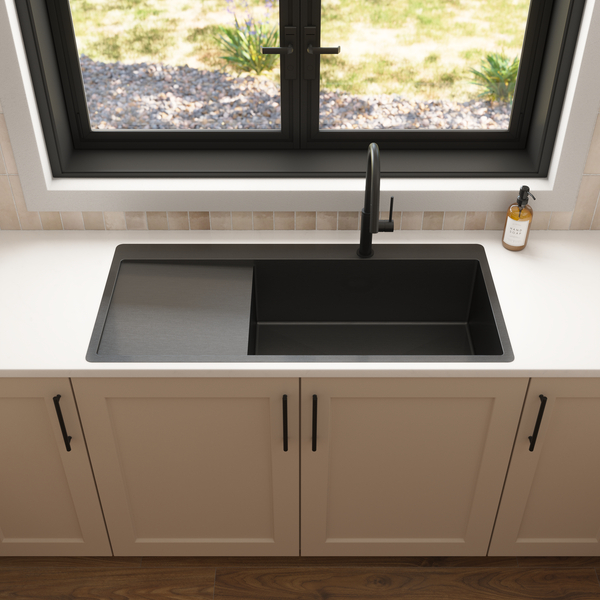 Alma Brushed Gunmetal Iver 1080x500 Single Bowl Tap Landing with Left Drain Board Sink