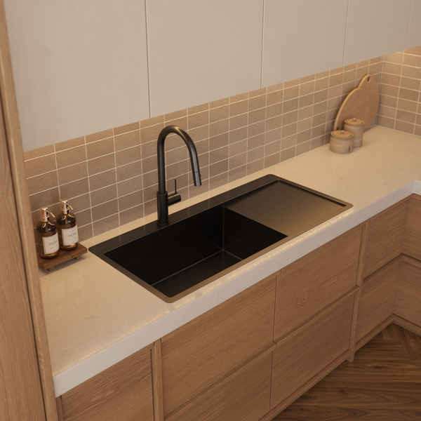 Alma Brushed Gunmetal Iver 1080x500 Single Bowl Tap Landing with Right Drain Board Sink