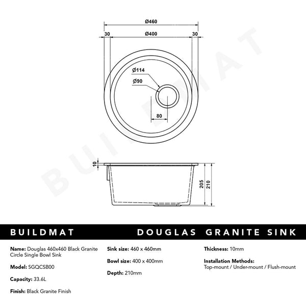 Alma Douglas 460x460 Black Granite Circle Single Bowl Sink