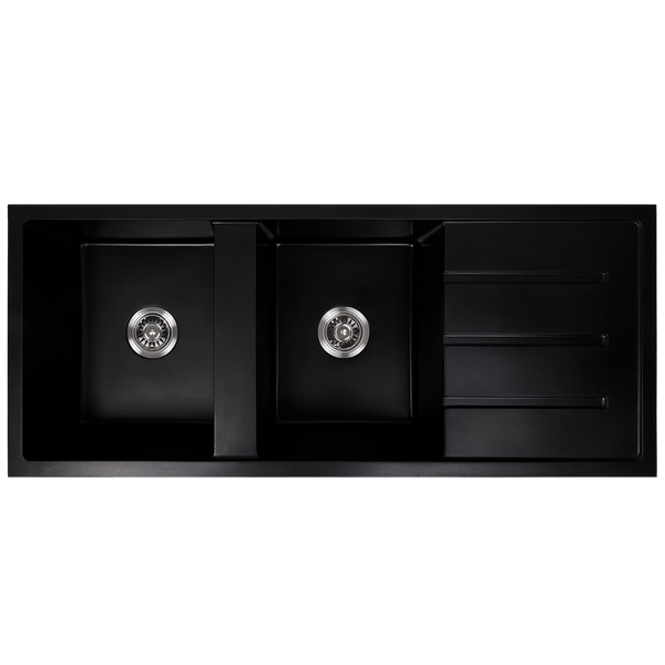 Darlene 1200x500 Black Granite Drainboard Double Bowl Sink