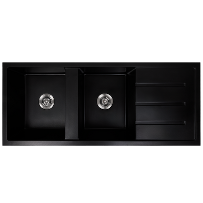 Alma Darlene 1200x500 Black Granite Drainboard Double Bowl Sink