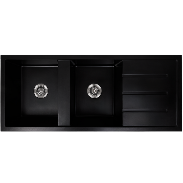Darlene 1200x500 Black Granite Drainboard Double Bowl Sink