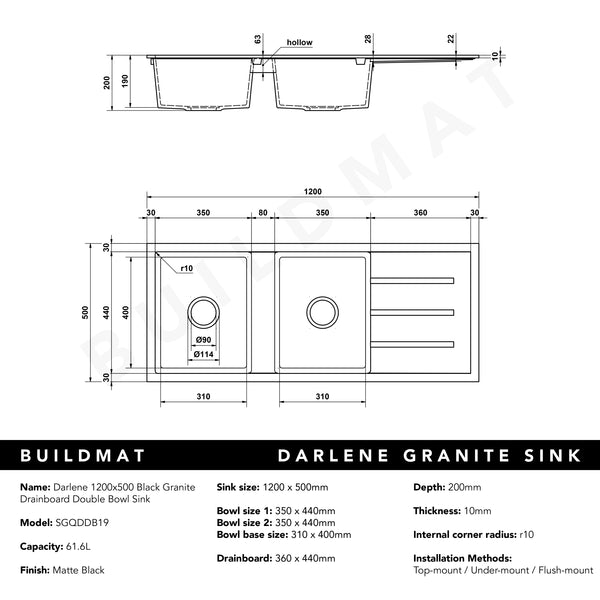 Alma Darlene 1200x500 Black Granite Drainboard Double Bowl Sink