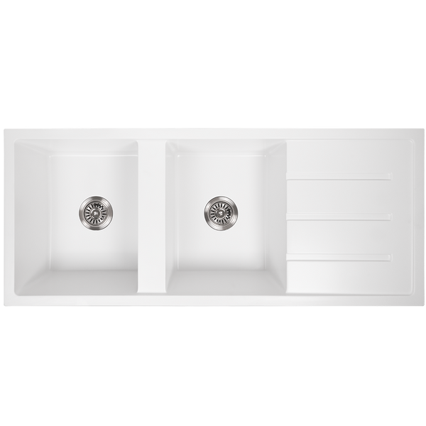 Alma Darlene 1200x500 White Granite Drainboard Double Bowl Sink