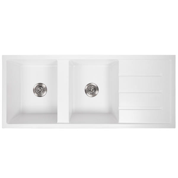 Alma Darlene 1200x500 White Granite Drainboard Double Bowl Sink