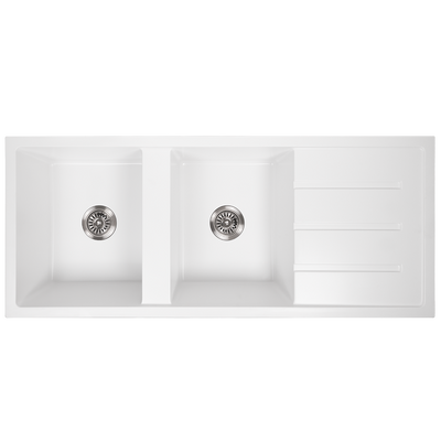 Darlene 1200x500 White Granite Drainboard Double Bowl Sink