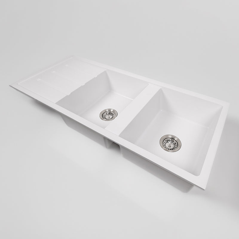 Darlene 1200x500 White Granite Drainboard Double Bowl Sink