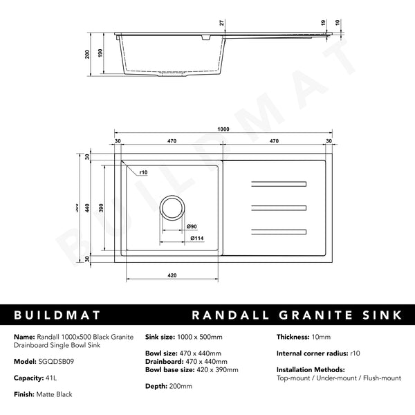 Alma Randall 1000x500 Black Granite Drainboard Single Bowl Sink