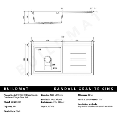 Randall 1000x500 Black Granite Drainboard Single Bowl Sink
