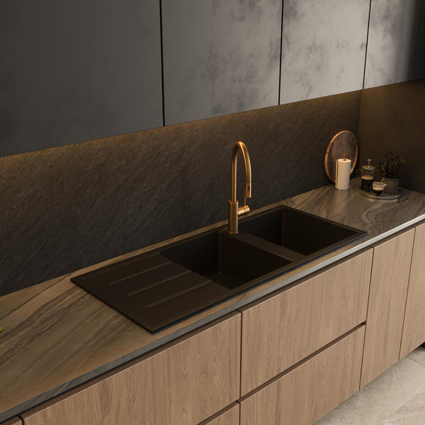 Alma Darlene 1200x500 Black Granite Left Drainboard Double Bowl Tap Landing Sink