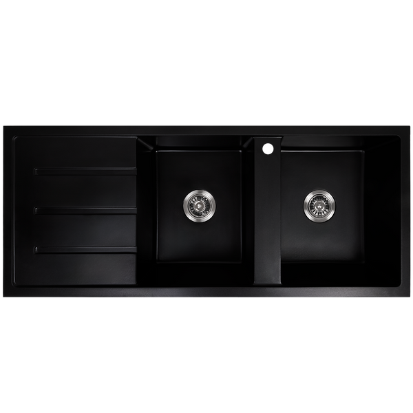 Alma Darlene 1200x500 Black Granite Left Drainboard Double Bowl Tap Landing Sink