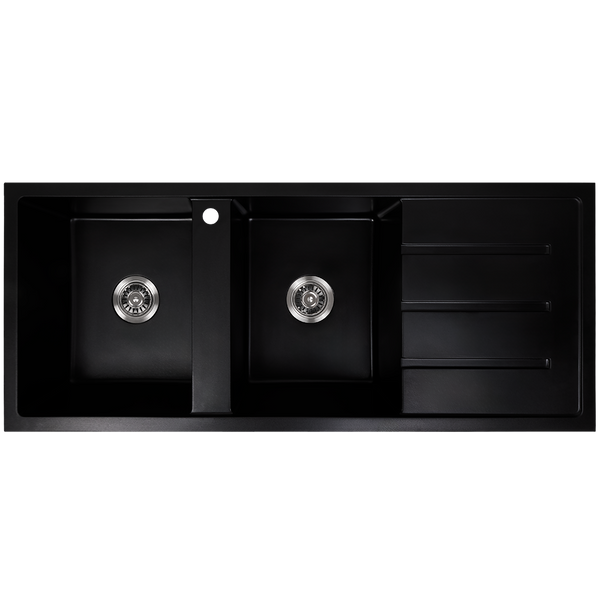Alma Darlene 1200x500 Black Granite Right Drainboard Double Bowl Tap Landing Sink