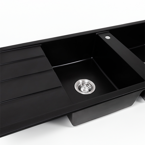 Alma Darlene 1200x500 Black Granite Left Drainboard Double Bowl Tap Landing Sink