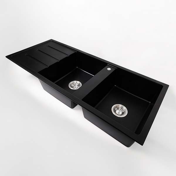 Alma Darlene 1200x500 Black Granite Left Drainboard Double Bowl Tap Landing Sink