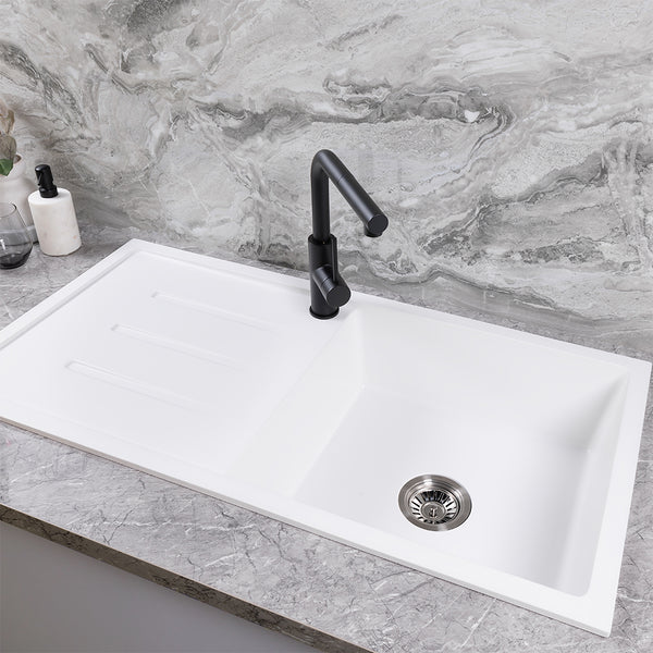 Alma Randall 1000x500 White Granite Left Drainboard Single Bowl Tap Landing Sink