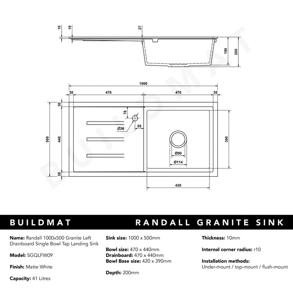 Alma Randall 1000x500 White Granite Left Drainboard Single Bowl Tap Landing Sink