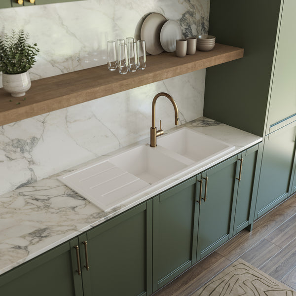 Alma Darlene 1200x500 White Granite Left Drainboard Double Bowl Tap Landing Sink