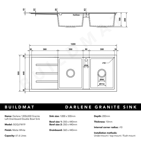 Alma Darlene 1200x500 White Granite Left Drainboard Double Bowl Tap Landing Sink