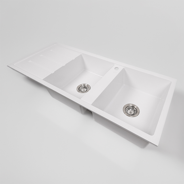 Alma Darlene 1200x500 White Granite Left Drainboard Double Bowl Tap Landing Sink