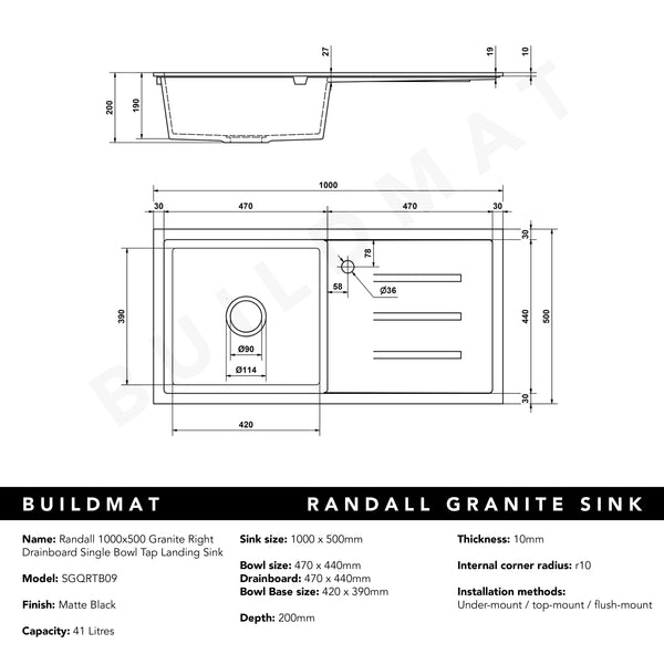Alma Randall 1000x500 Black Granite Right Drainboard Single Bowl Tap Landing Sink
