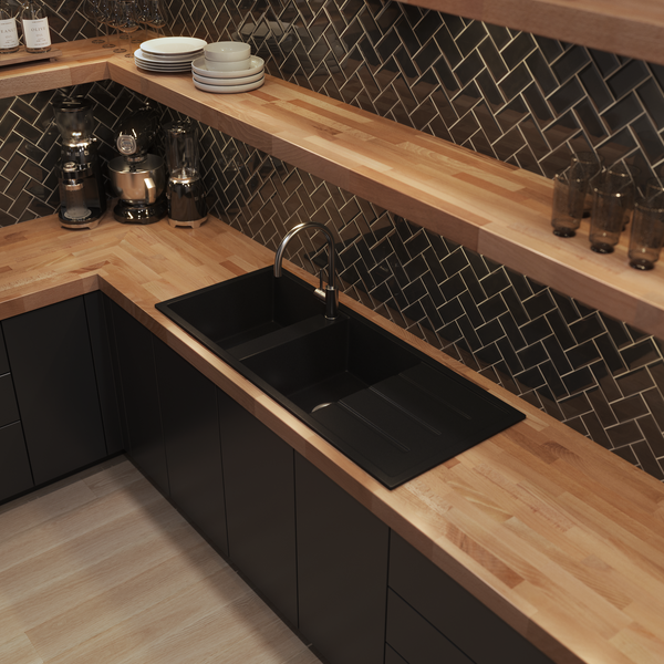 Alma Darlene 1200x500 Black Granite Right Drainboard Double Bowl Tap Landing Sink