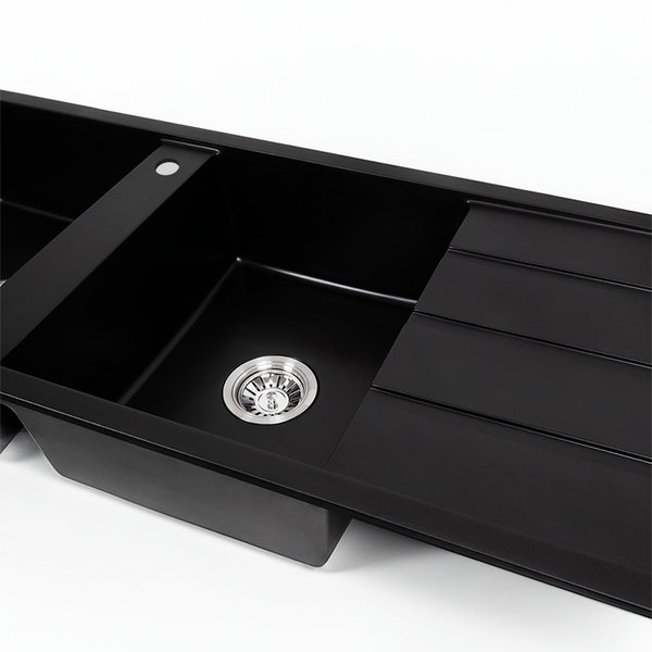 Alma Darlene 1200x500 Black Granite Right Drainboard Double Bowl Tap Landing Sink