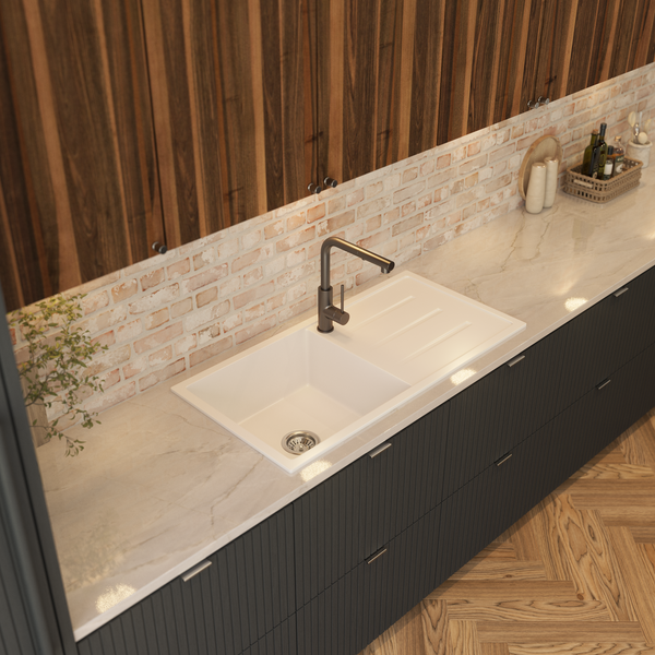 Alma Randall 1000x500 White Granite Right Drainboard Single Bowl Tap Landing Sink