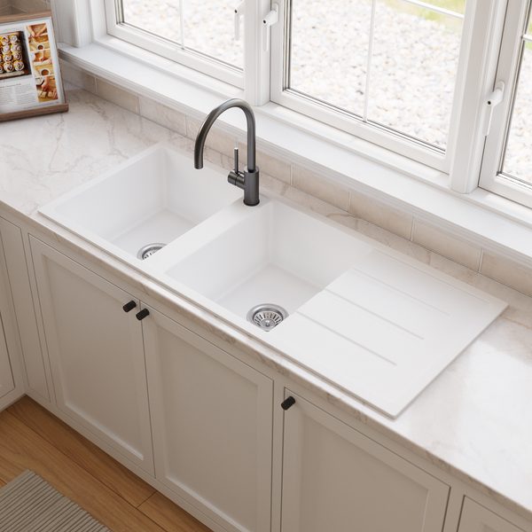 Alma Darlene 1200x500 White Granite Right Drainboard Double Bowl Tap Landing Sink