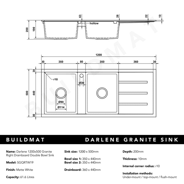 Alma Darlene 1200x500 White Granite Right Drainboard Double Bowl Tap Landing Sink