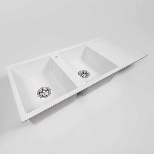 Alma Darlene 1200x500 White Granite Right Drainboard Double Bowl Tap Landing Sink
