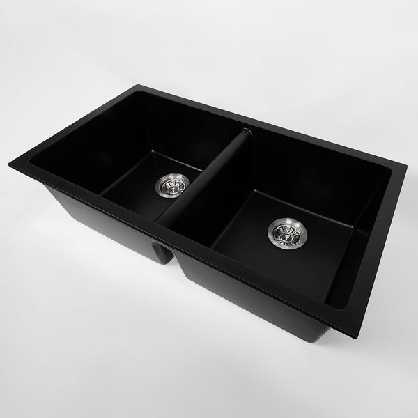 Alma Keith 848x467 Black Granite Square Double Bowl Sink