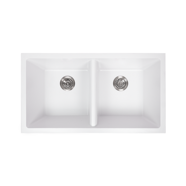 Alma Keith 848x467 White Granite Square Double Bowl Sink