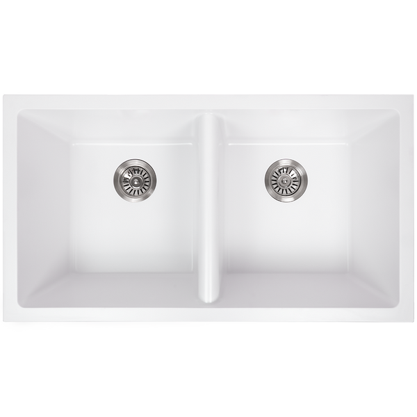 Alma Keith 848x467 White Granite Square Double Bowl Sink