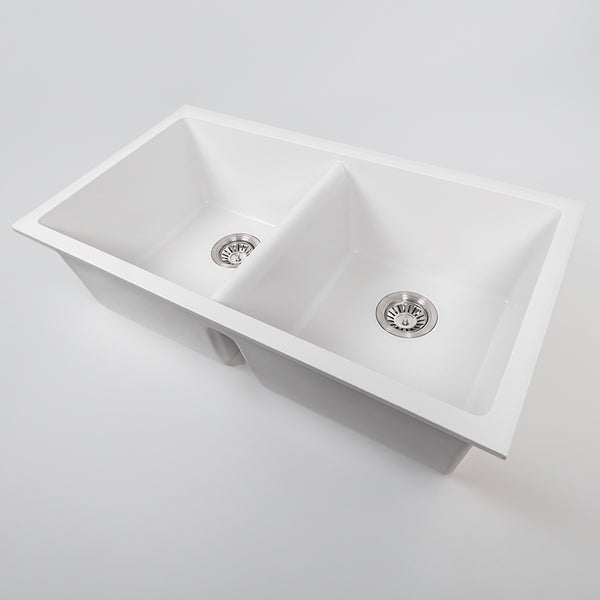 Alma Keith 848x467 White Granite Square Double Bowl Sink