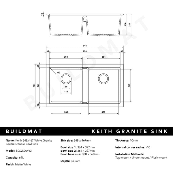 Alma Keith 848x467 White Granite Square Double Bowl Sink