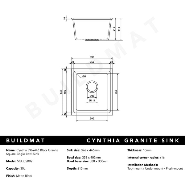 Alma Cynthia 396x446 Black Granite Square Single Bowl Sink