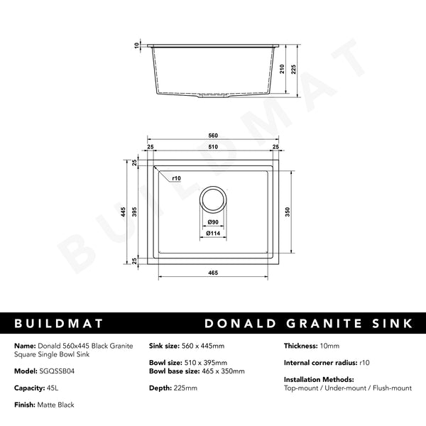 Alma Donald 560x445 Black Granite Square Single Bowl Sink