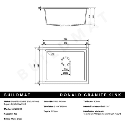 Donald 560x445 Black Granite Square Single Bowl Sink