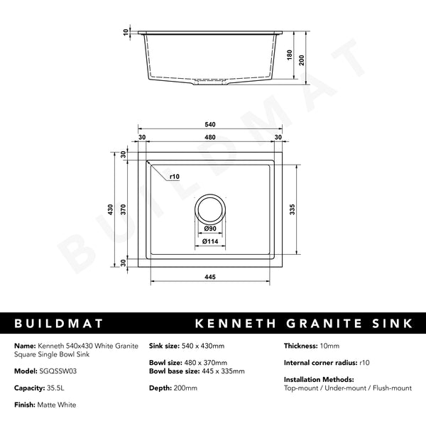 Alma Kenneth 540x430 White Granite Square Single Bowl Sink