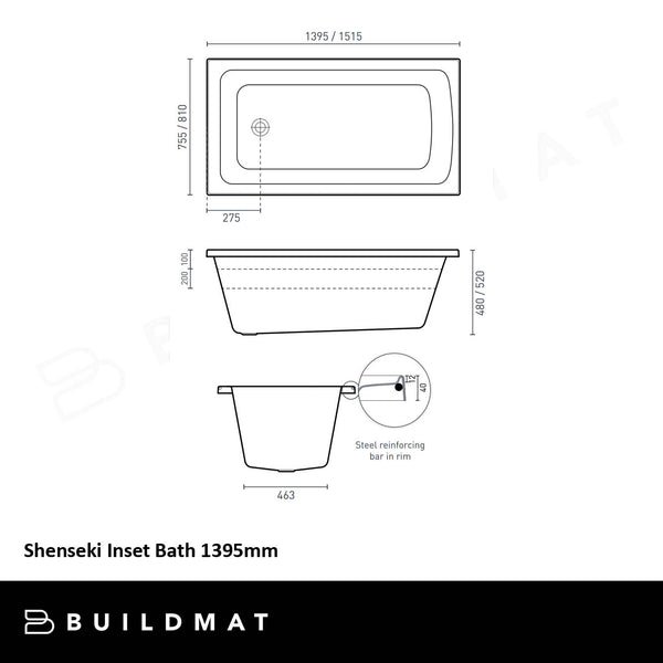 Decina Shenseki Inset Bath Gloss White 1395mm