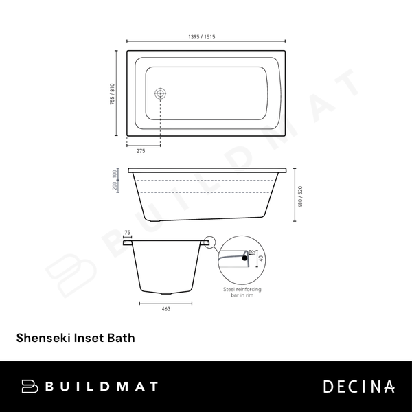 Decina Shenseki Inset Bath Gloss White 1395mm