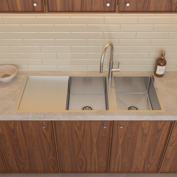 Alma Theo 1200x500 Double Bowl Tap Landing with Left Drain Board Sink