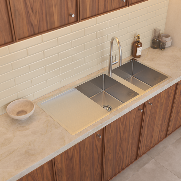 Alma Theo 1200x500 Double Bowl Tap Landing with Left Drain Board Sink