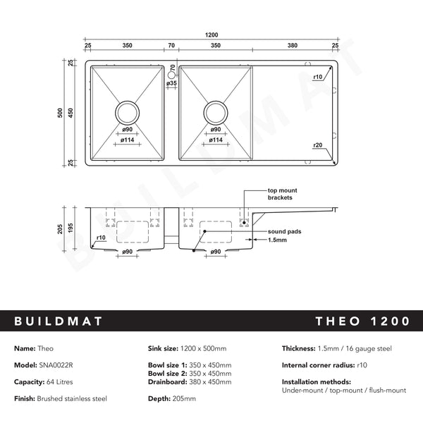 Alma Theo 1200x500 Double Bowl Tap Landing with Right Drain Board Sink