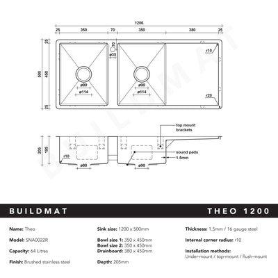 Theo 1200x500 Double Bowl Tap Landing with Right Drain Board Sink