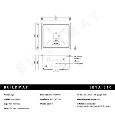 Jeya 510x450 Alfresco 316 Stainless Steel Sink