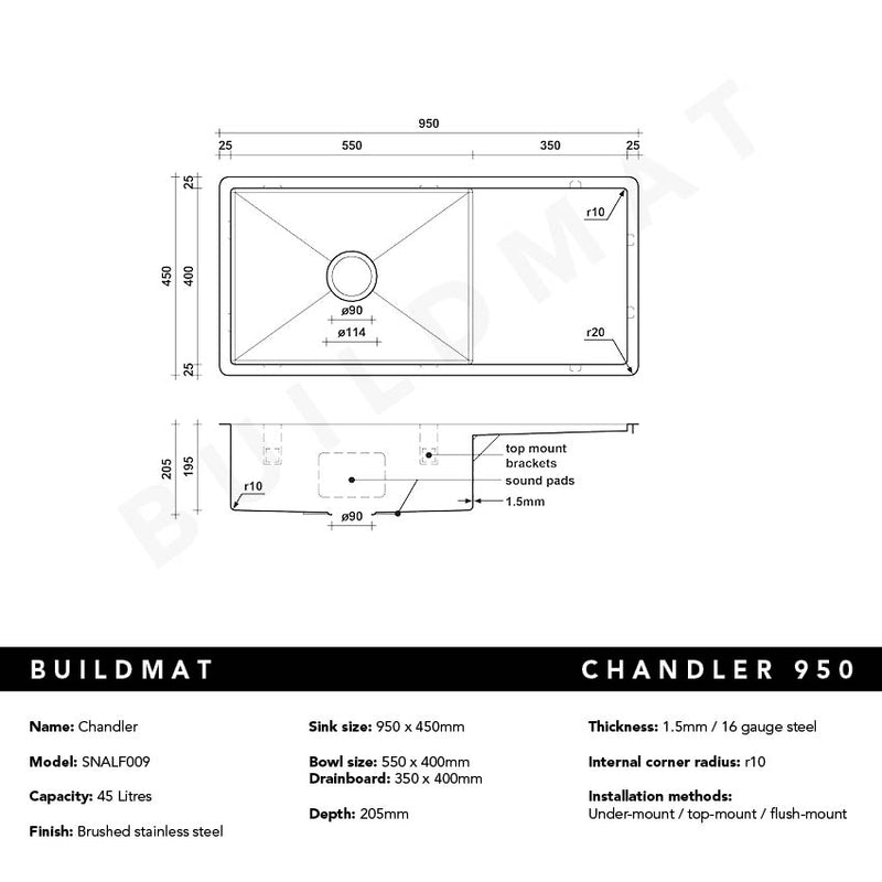 Chandler 950x450 Alfresco 316 Stainless Steel Sink