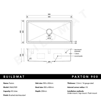 Paxton 900x450 Alfresco 316 Stainless Steel Sink