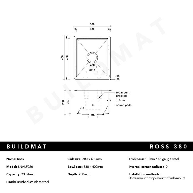 Ross 380x450 Alfresco 316 Stainless Steel Sink