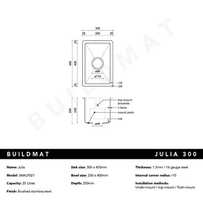 Julia 300x450 Alfresco 316 Stainless Steel Sink